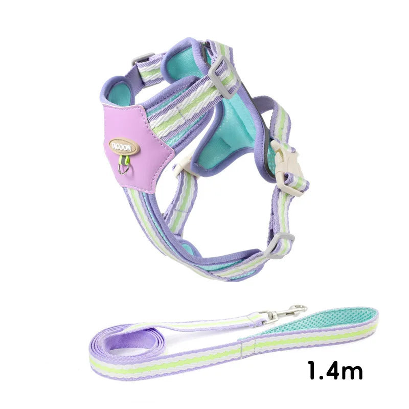 A purple and green adjustable dog harness with reflective straps and a 1.4m leash.