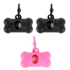 Black bone-shaped poop bag dispenser with clip and a pink version.
