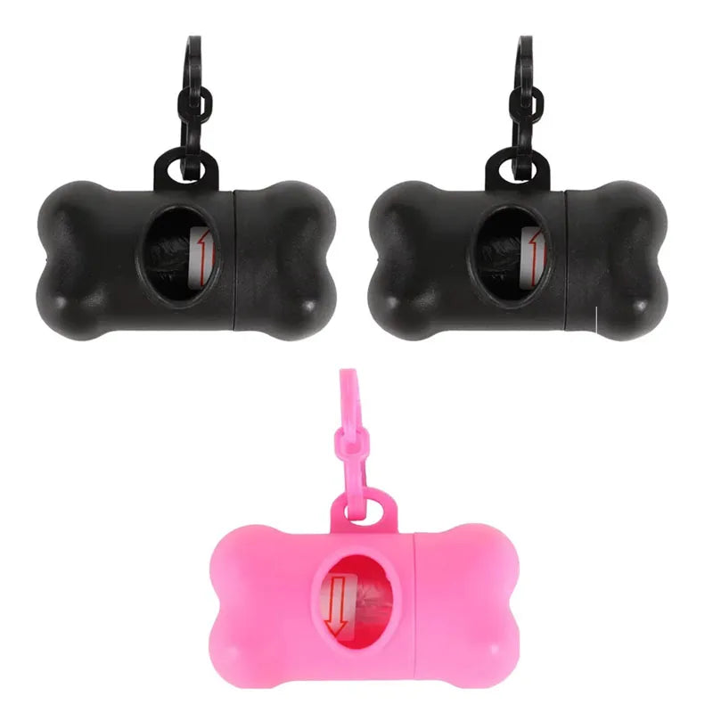 Black bone-shaped poop bag dispenser with clip and a pink version.