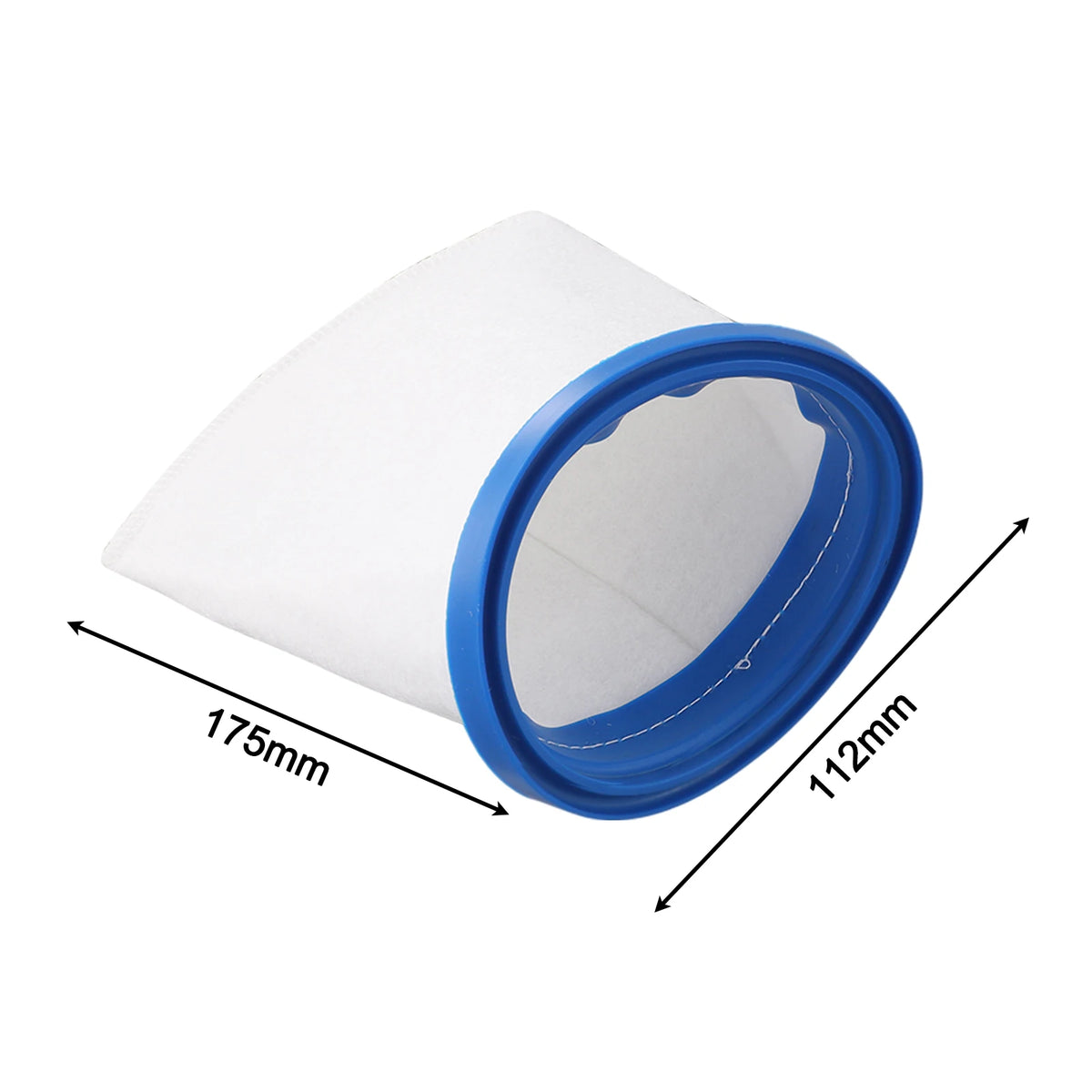A white reusable sand and silt filter bag with blue trim, showing its dimensions.