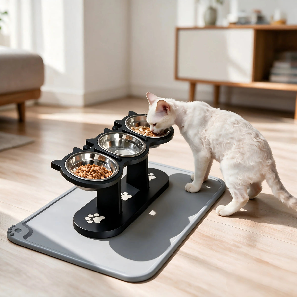 Eine weiße Katze isst aus einer Edelstahlschale auf einer grauen Silikonmatte.
