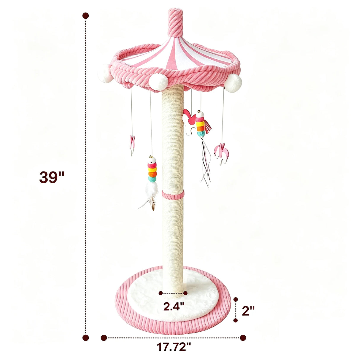 Pinkes und weißes hohes rotierendes Katzenkratzbaum mit Spielzeug und weißer flauschiger Basis
