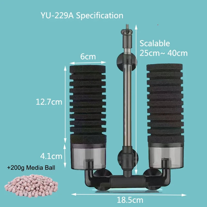 YU-229A specification showing a vertical filter unit with a media ball and adjustable scale.