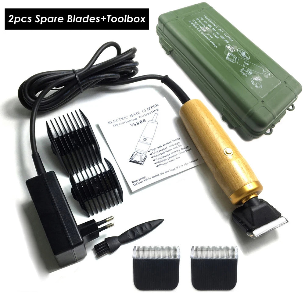 A set of two spare blades and a toolbox for a professional corded pet clipper.