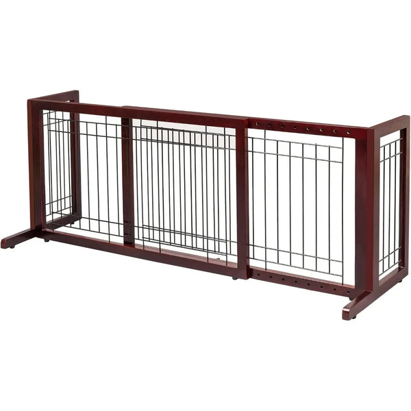 A dark brown wooden pet gate with vertical bars used for indoor use.