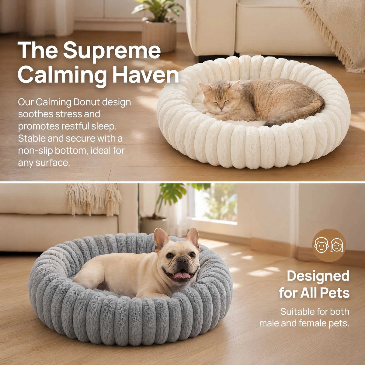 A light beige round donut pet bed with a fluffy bolster, shown in use for a cat and a dog.