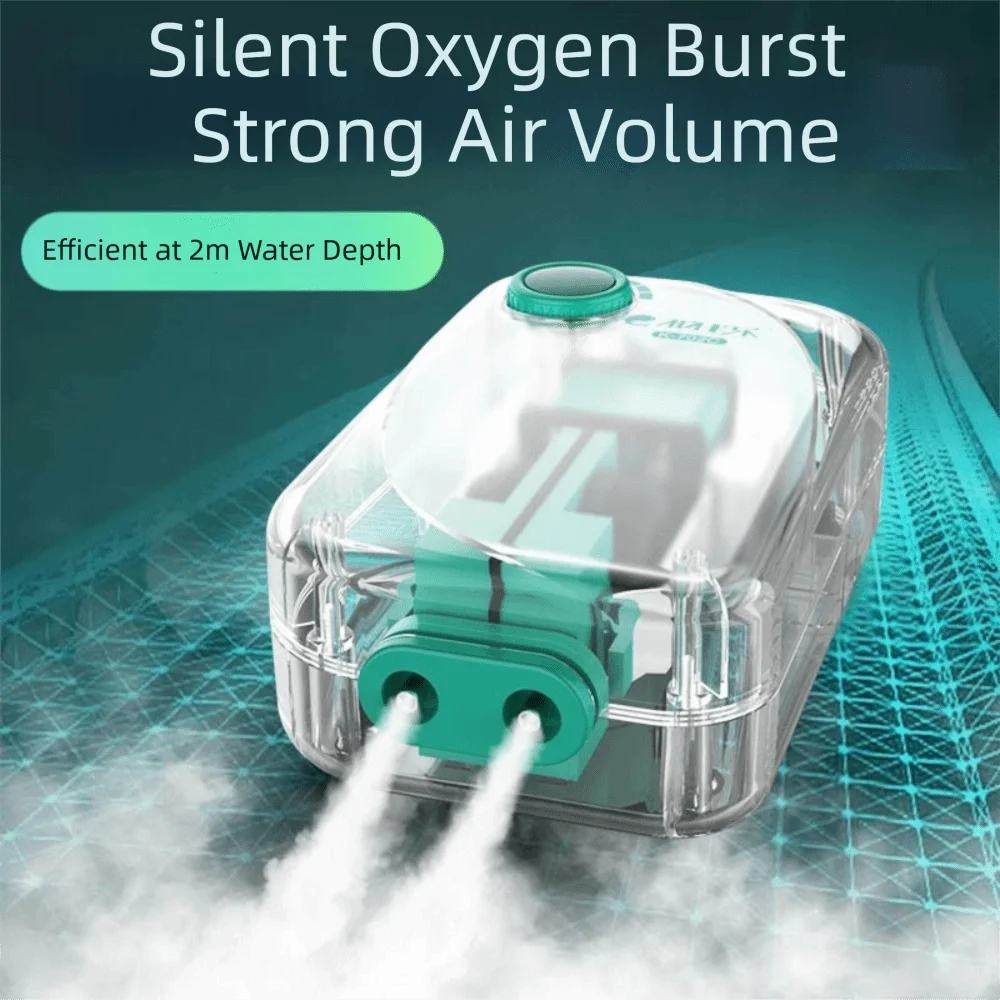 A clear plastic aquarium air pump is shown emitting a burst of white air, set against a blue-green background.