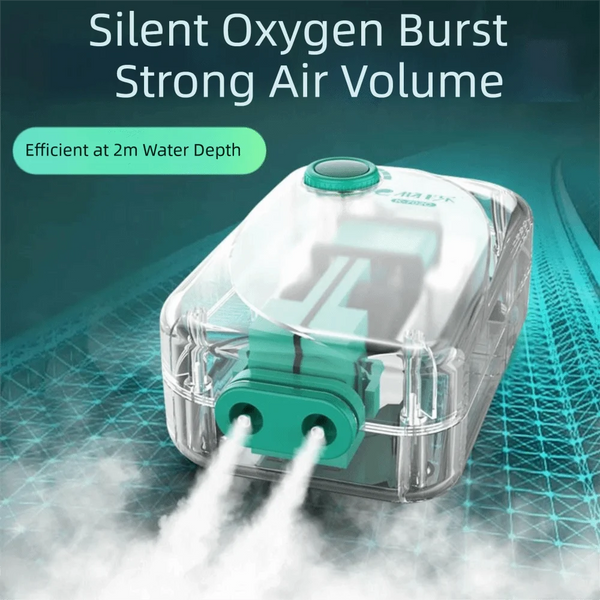 A clear plastic aquarium air pump is shown emitting a burst of white air, set against a blue-green background.