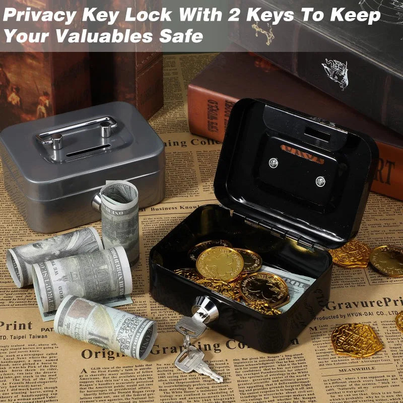 A portable metal cash box with a lock and two keys is shown next to various gold coins and paper currency.