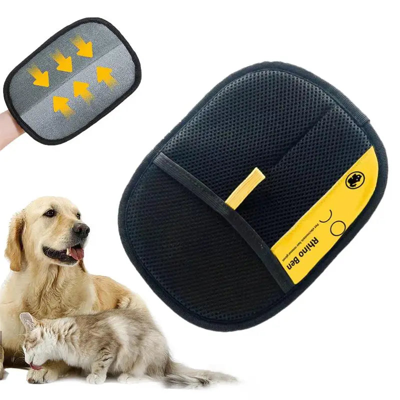 A black silicone pet hair removal glove with yellow markings is shown next to a dog and a cat.