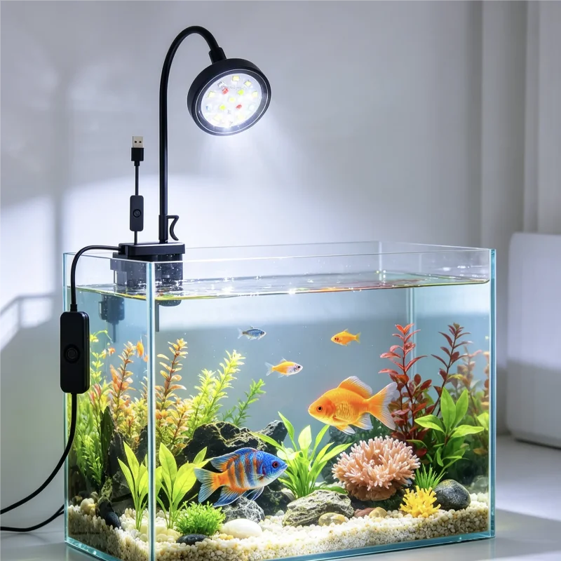 Aquarium en verre avec poissons colorés et plantes aquatiques, éclairé par une lumière LED noire à pince.