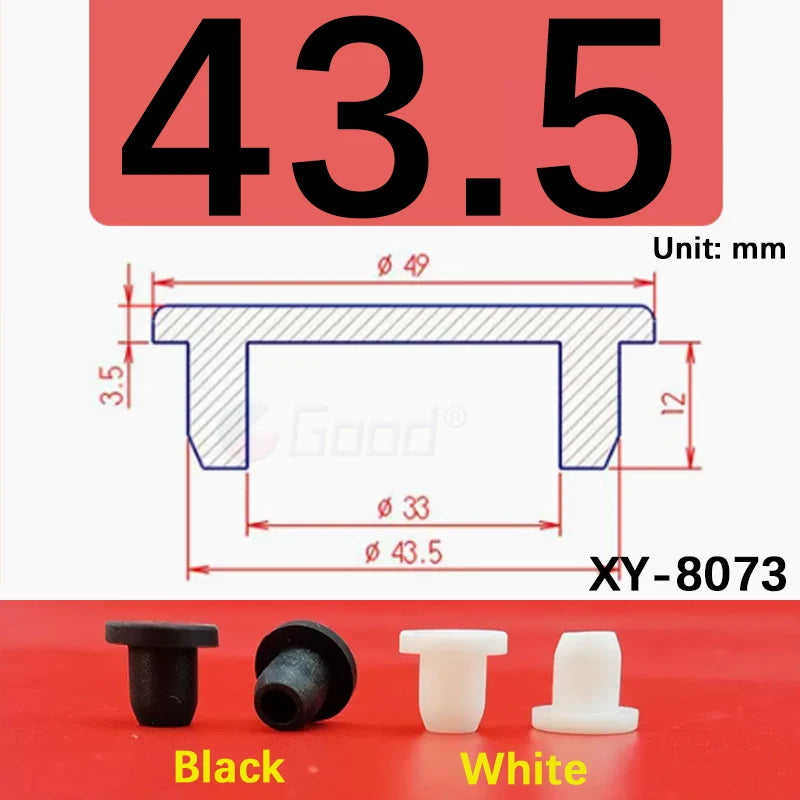 Black and white silicone rubber hole plugs shown with technical drawing and product options