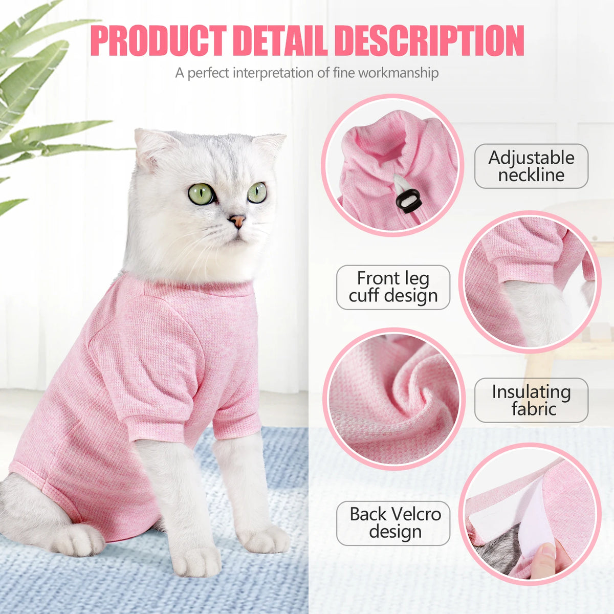 Pink knitted recovery vest for a cat with an adjustable neckline and front leg cuff design