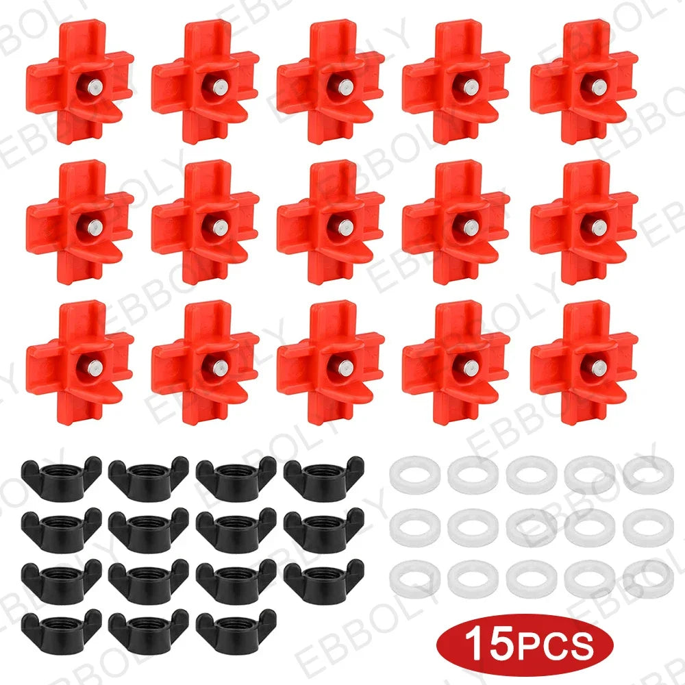 Un jeu de 15 tétines plastiques rouges pour abreuvoirs de poulets automatiques.