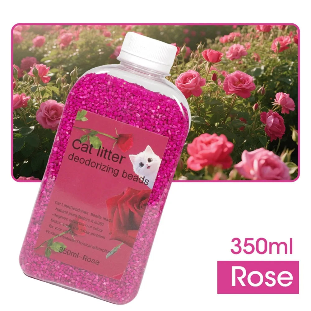 A bottle of pink cat litter deodorizing beads with a rose scent, shown against a background of pink roses.