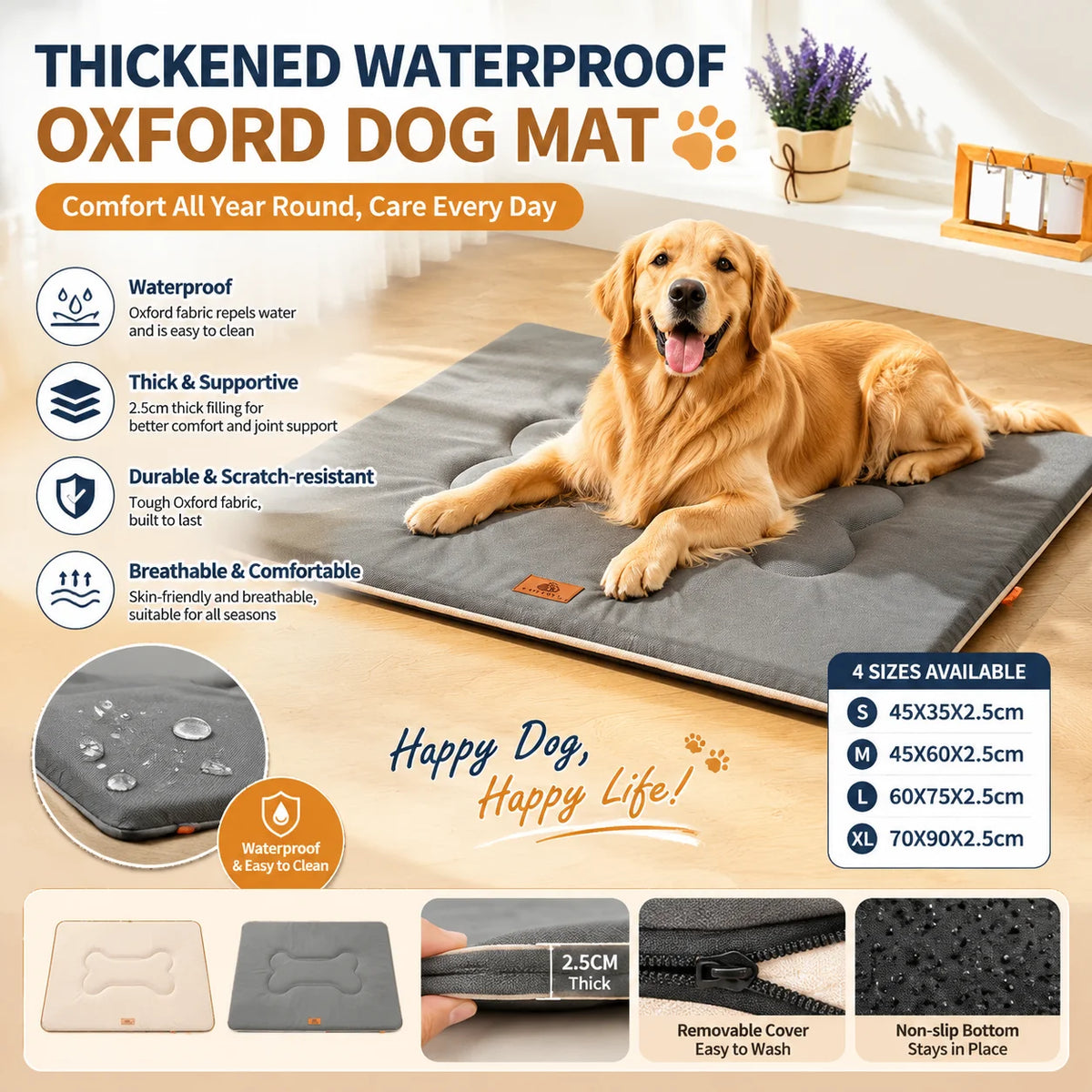 A golden retriever lies on a gray waterproof Oxford dog mat with cushioned support, demonstrating durability and comfort.