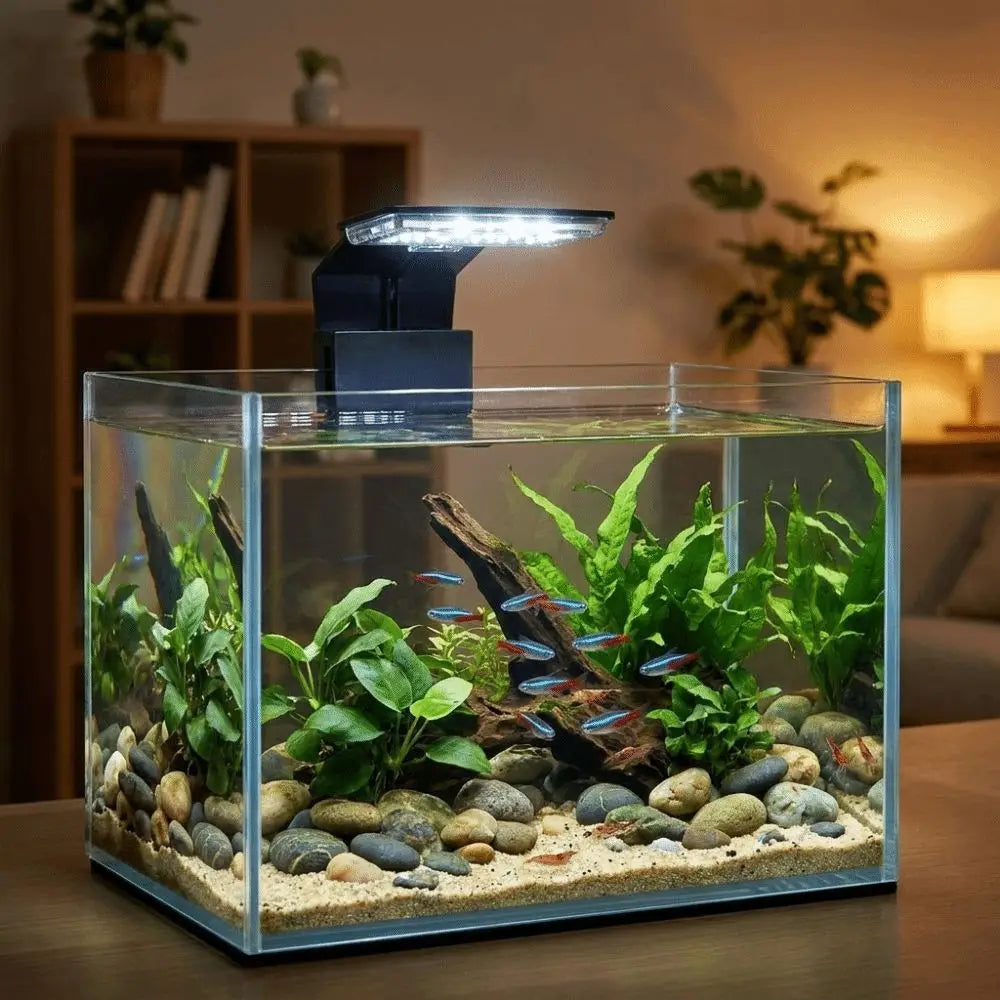 Klares Glasaquarium mit Wasserpflanzen und Steinen, beleuchtet durch eine schwarze Clip-Lampe.