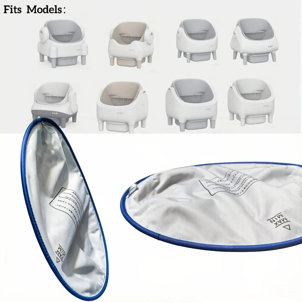 Various models of a waterproof litter box replacement mat are shown, including various colors and angles.