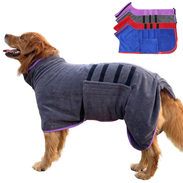 A brown dog wearing a gray quick-dry microfiber dog robe with purple trim.