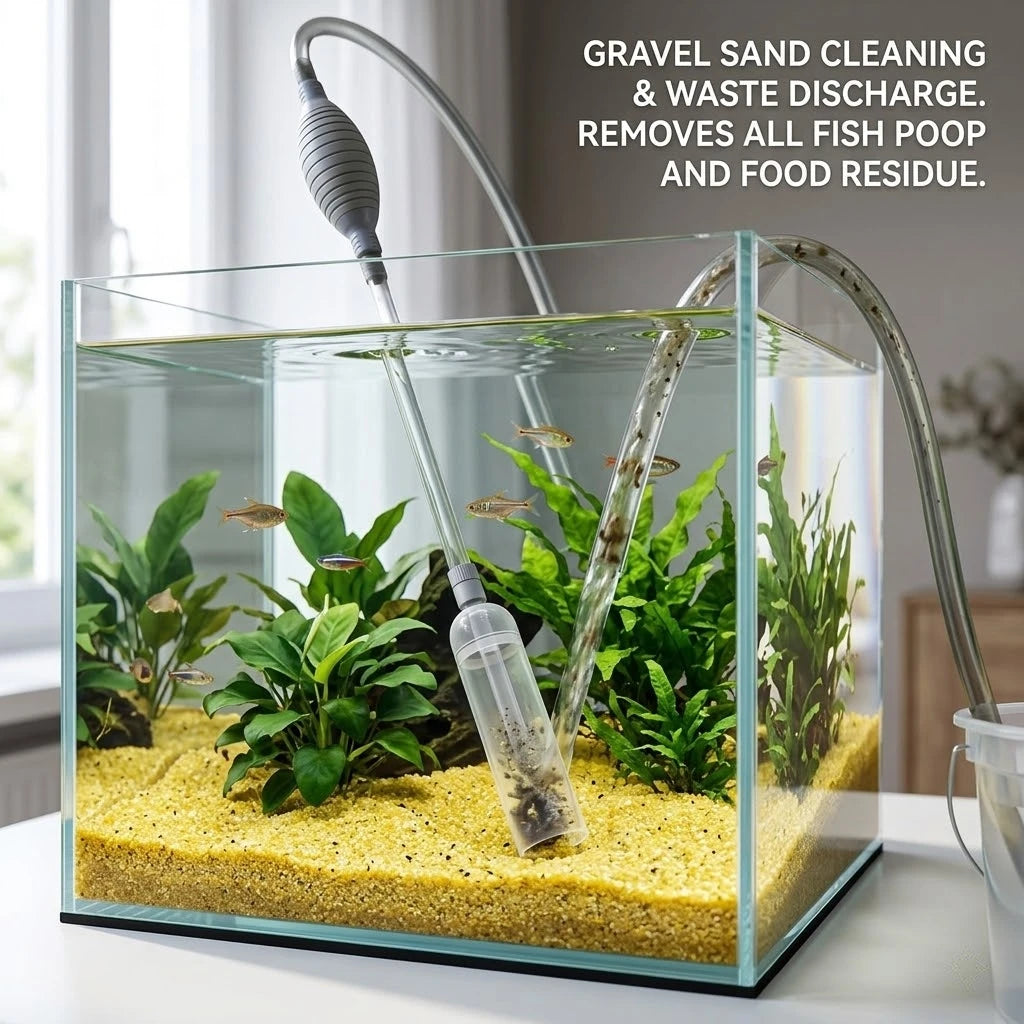 Aquarium en verre avec gravier et plantes, avec une pipette pour nettoyer les excréments et les restes de nourriture.