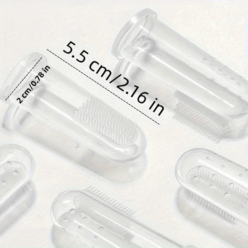 A collection of clear silicone pet toothbrushes for dogs and cats shown with a dimension marker.