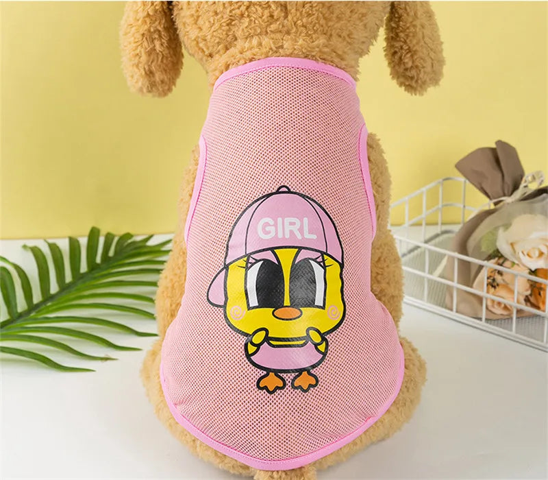 A brown stuffed animal wearing a pink breathable mesh vest with a yellow and pink girl cartoon print.