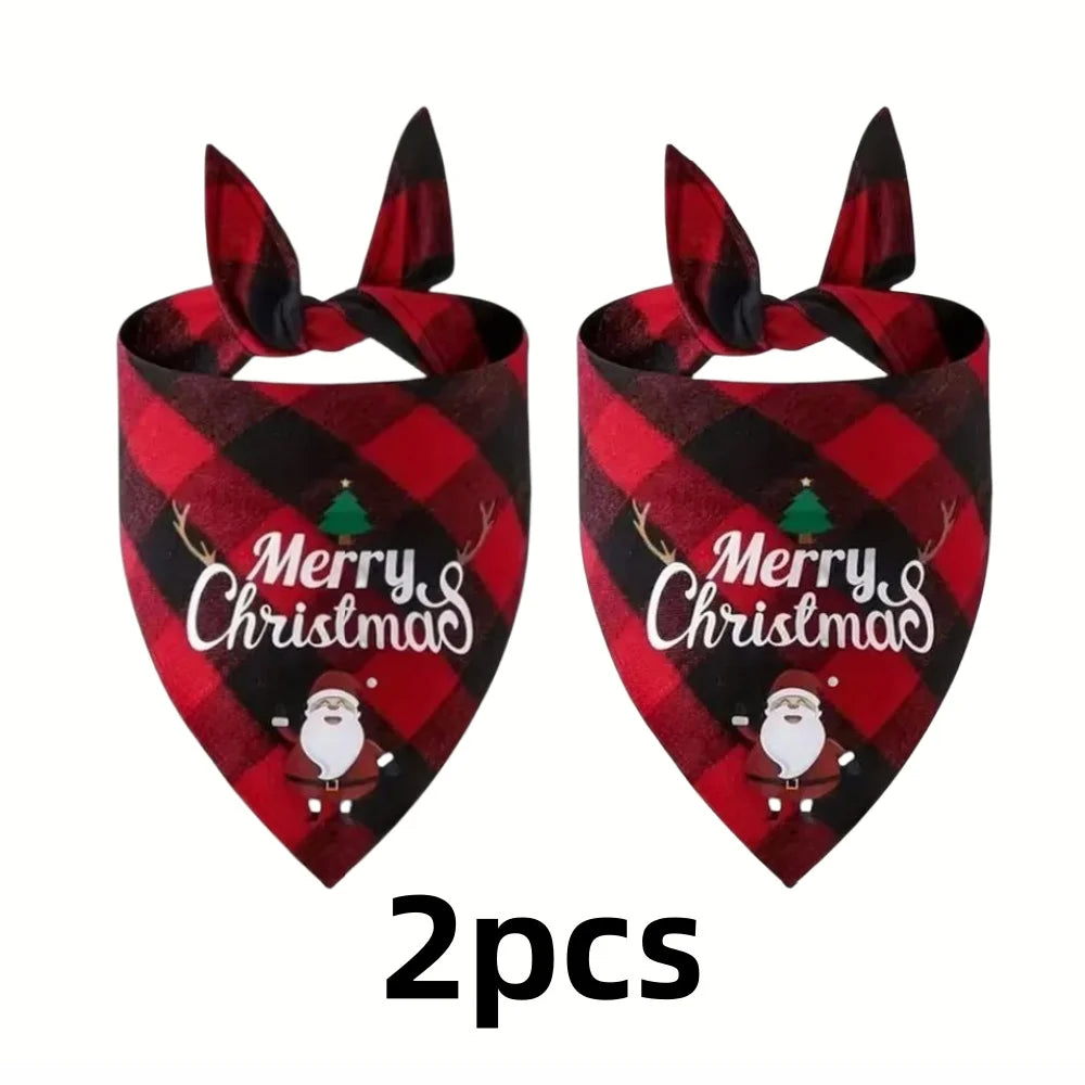 Two red plaid Christmas triangle pet scarves or bandanas for dogs