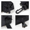 Dispenser para bolsas de excremento para mascotas ajustable y negra con enganche para correa, mostrado desde varios ángulos.