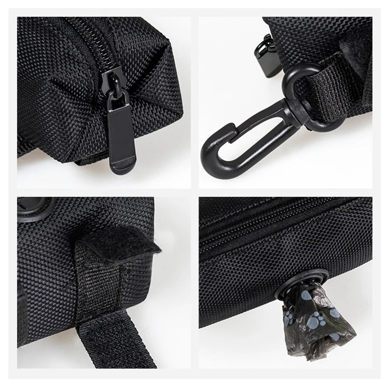 Dispenser para bolsas de excremento para mascotas ajustable y negra con enganche para correa, mostrado desde varios ángulos.