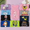 A collection of nine pink and blue breathable mesh summer pet vests featuring various cute cartoon prints like stars, fish, c