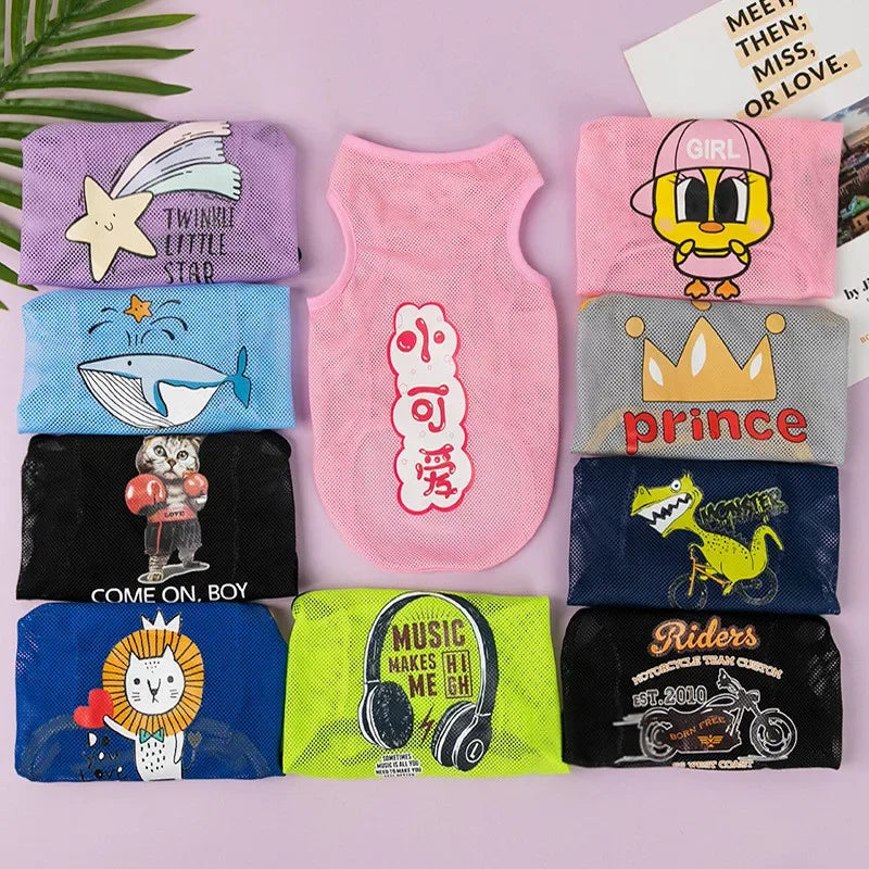 A collection of nine pink and blue breathable mesh summer pet vests featuring various cute cartoon prints like stars, fish, c