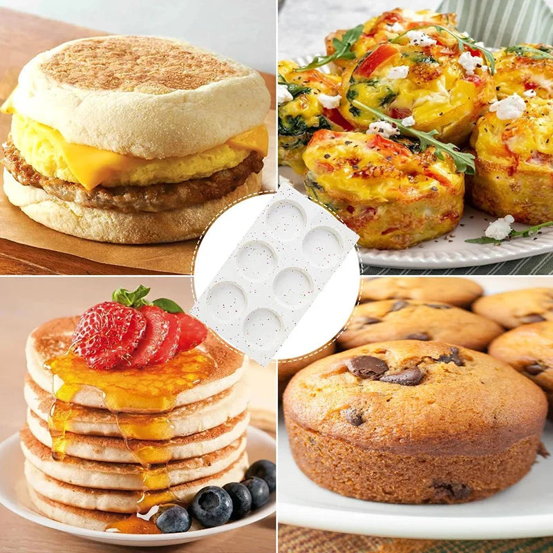 A collection of breakfast items including a sandwich, baked egg muffins, and stacked pancakes with fruit.