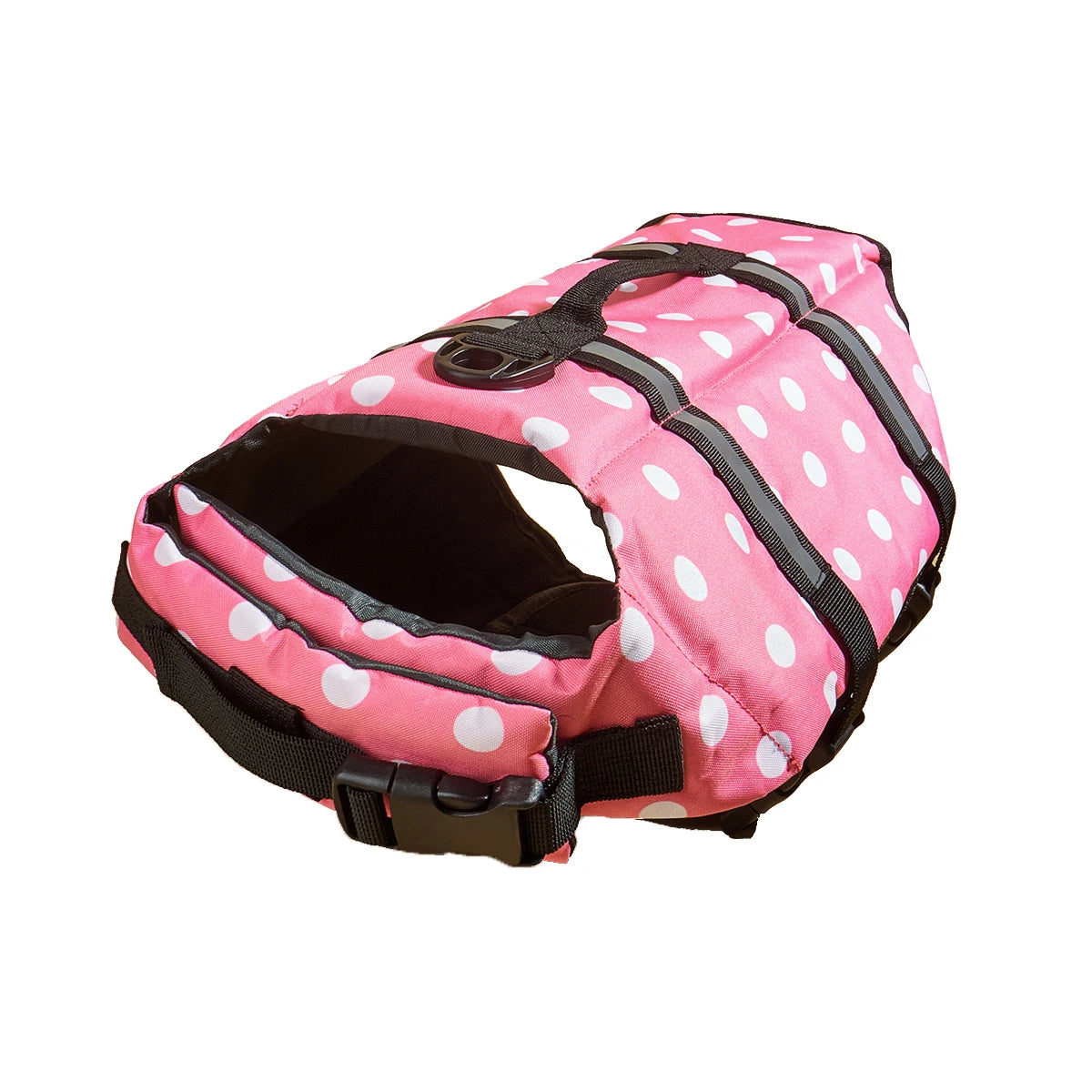 Gilet de sauvetage rose pour chien à pois blancs avec sangles et boucles noires