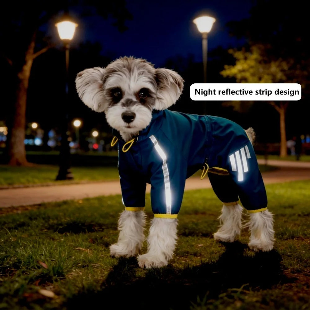 A fluffy dog wearing a blue waterproof raincoat with reflective white stripes standing outdoors at night.