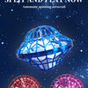 Three aerodynamic spinning toys are shown: a blue, a red, and a pink LED flying boomerang ball against a dark starry backgrou