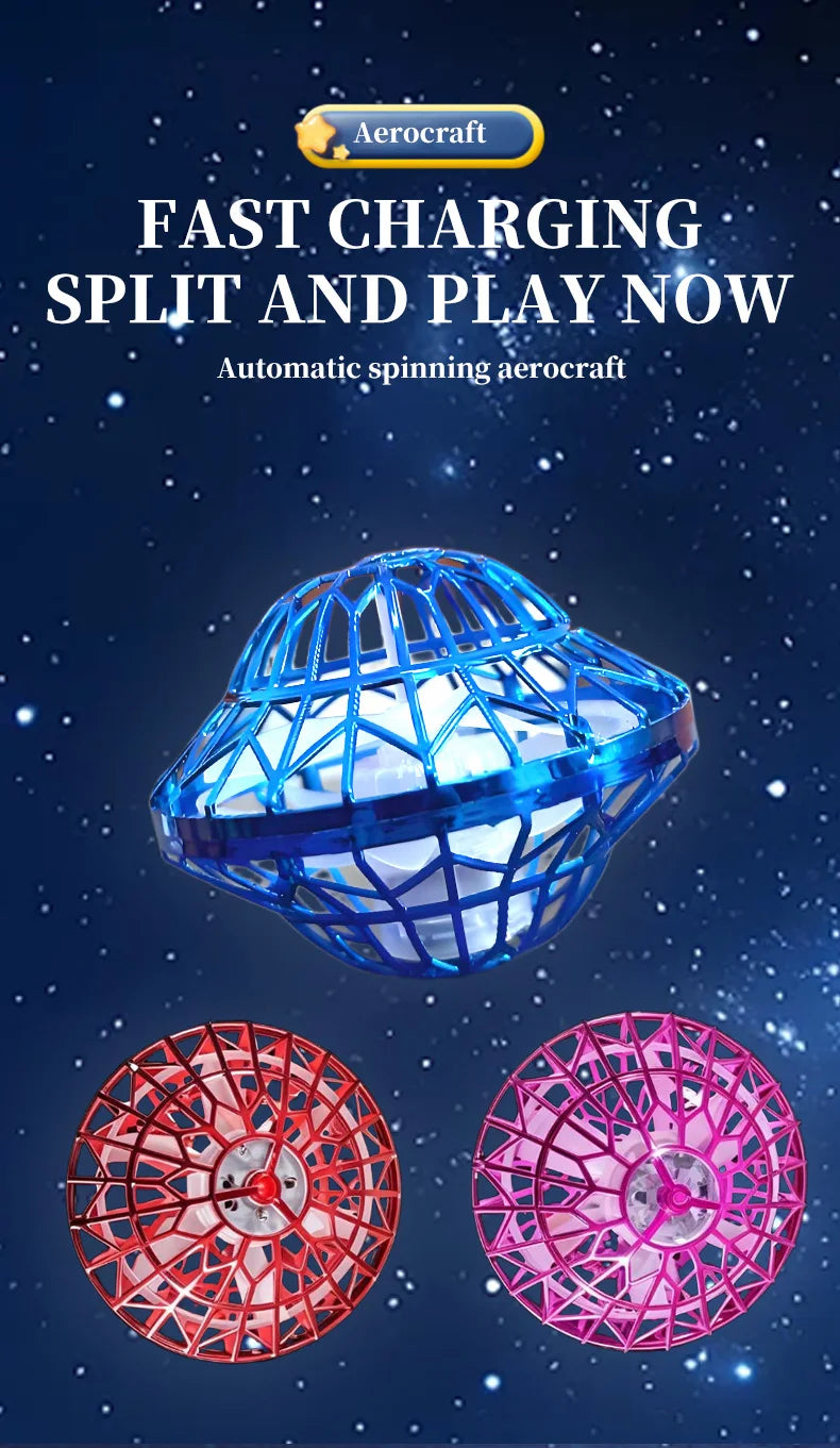 Three aerodynamic spinning toys are shown: a blue, a red, and a pink LED flying boomerang ball against a dark starry backgrou
