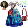 Buntes Prinzessinnenkleid für Mädchen mit weißem Oberteil, floralen Akzenten und blauem Rock mit rosa und lila Details