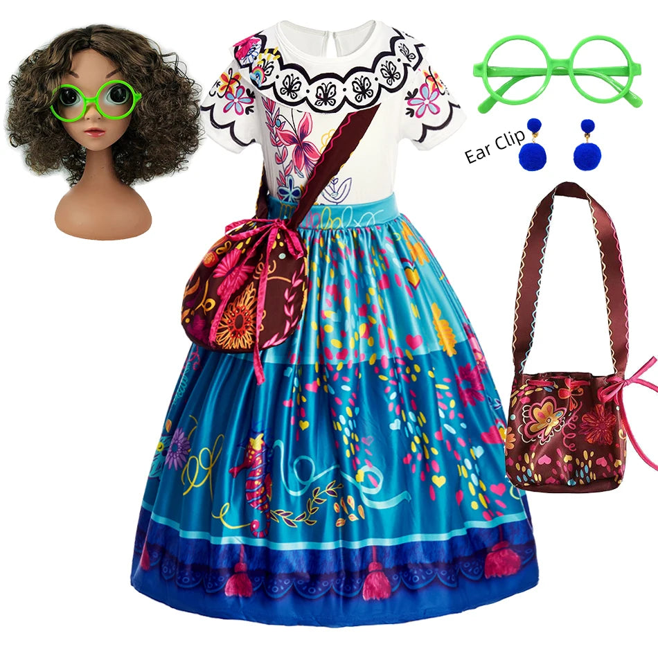 Buntes Prinzessinnenkleid für Mädchen mit weißem Oberteil, floralen Akzenten und blauem Rock mit rosa und lila Details