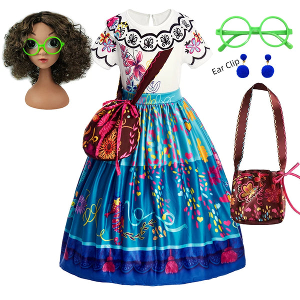Buntes Prinzessinnenkleid für Mädchen mit weißem Oberteil, floralen Akzenten und blauem Rock mit rosa und lila Details