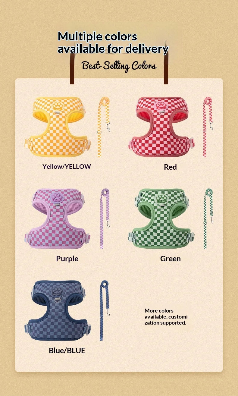 A display of multiple colored checkered no-pull dog harnesses available for delivery, including yellow, red, purple, green, a