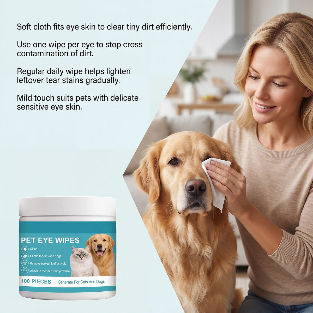Eine Frau wischt sanft das Auge eines Golden Retrievers mit einem weichen Tuch, demonstriert Reinigungstücher für Tieraugen.