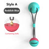 A teal suction cup dog ball with a black cord, shown next to a reddish blue style option.