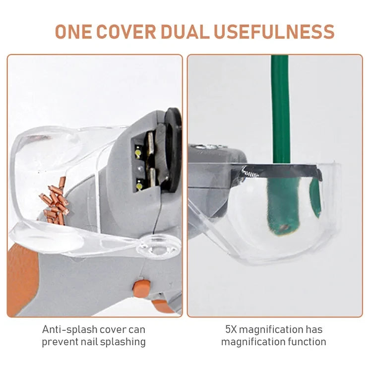 A pair of professional LED pet nail clippers showing an anti-splash cover and a 5X magnification function.
