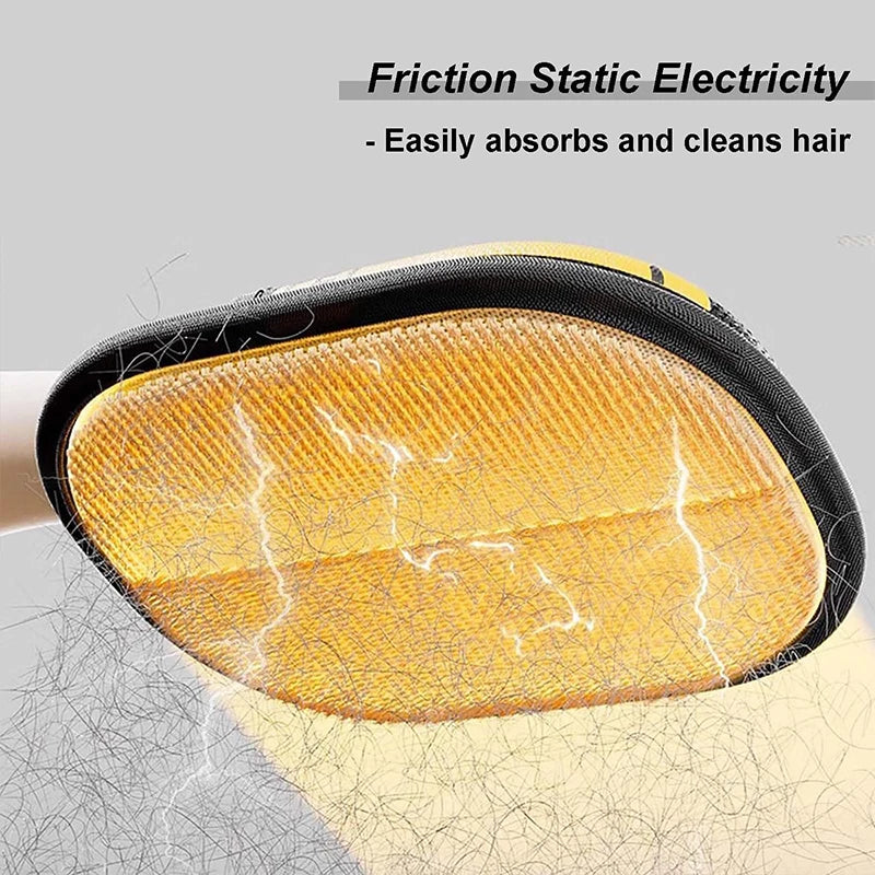 A yellow silicone pet hair removal glove is shown cleaning hair on a surface.