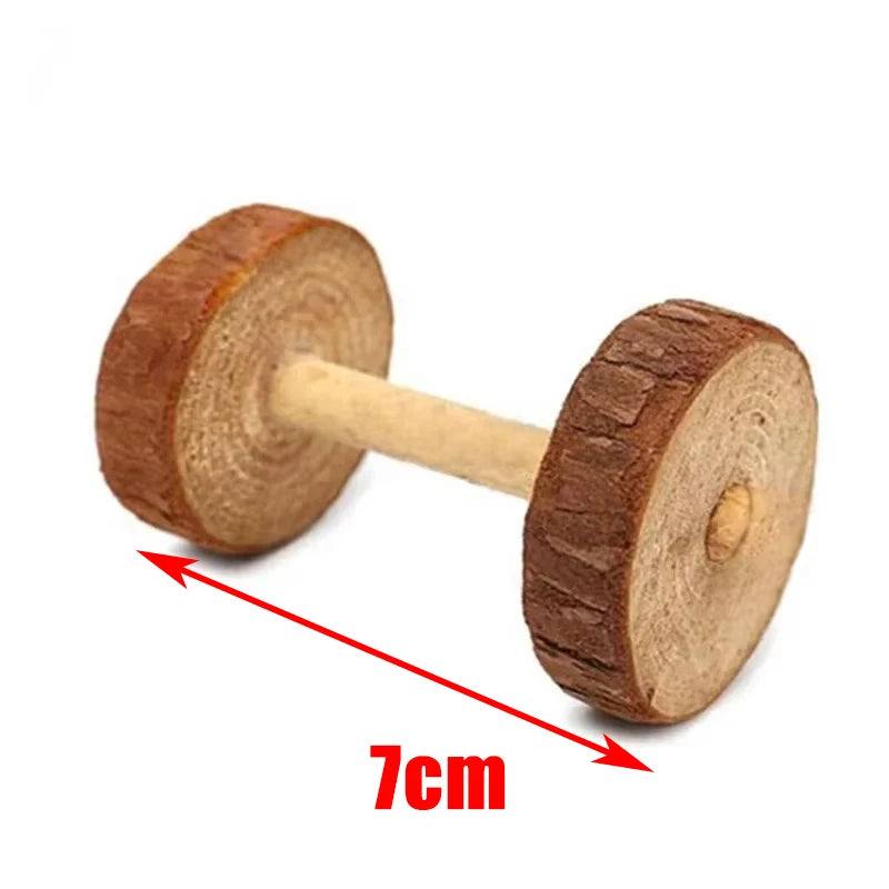 A natural wooden chew toy with a cylindrical body and a larger, textured end, measuring 7cm long.