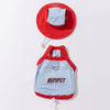 A red sun protection hat and a light blue dog vest with a red trim, shown against a white background.