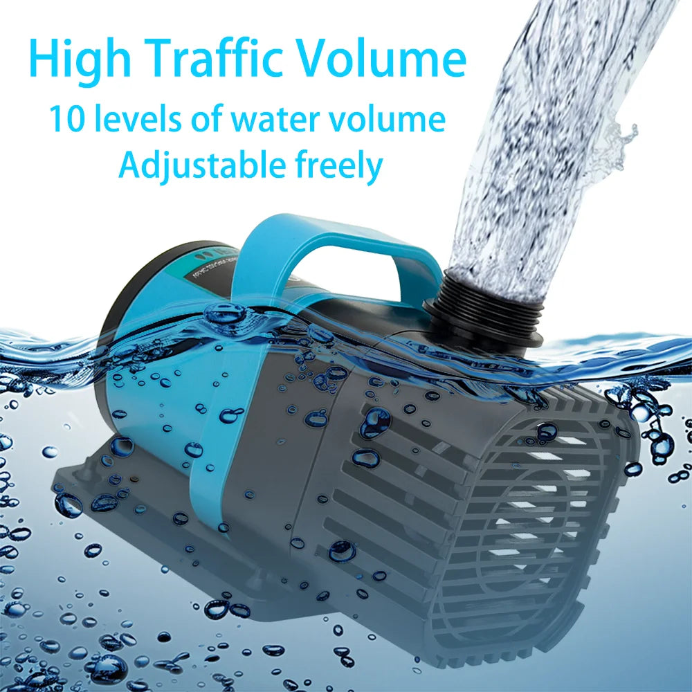 A blue submersible water pump is shown spraying water into the surface of water.