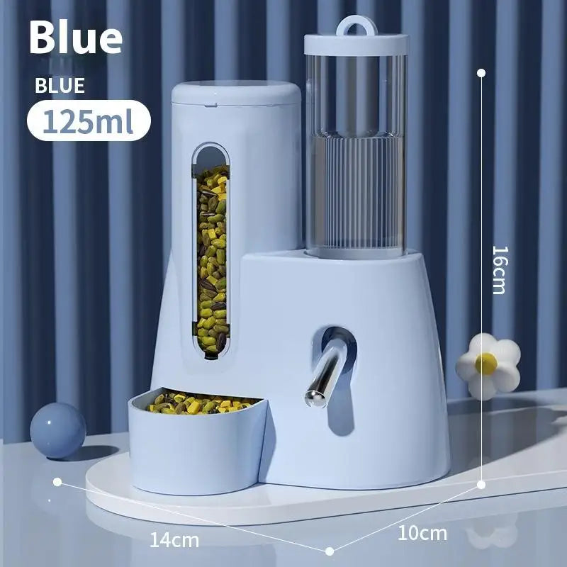 Râtelier automatique et distributeur d'eau pour hamsters, montrant l'unité et ses dimensions.