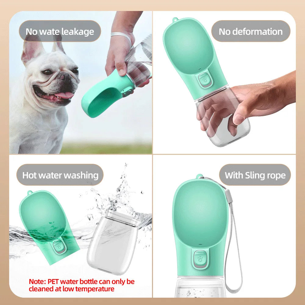 A green portable leakproof dog water bottle being used for washing and featuring a sling rope.