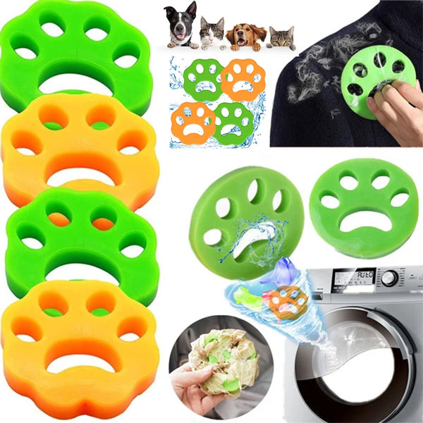 Various reusable pet hair removers and lint rollers in green, orange, and yellow colors shown with a washing machine.
